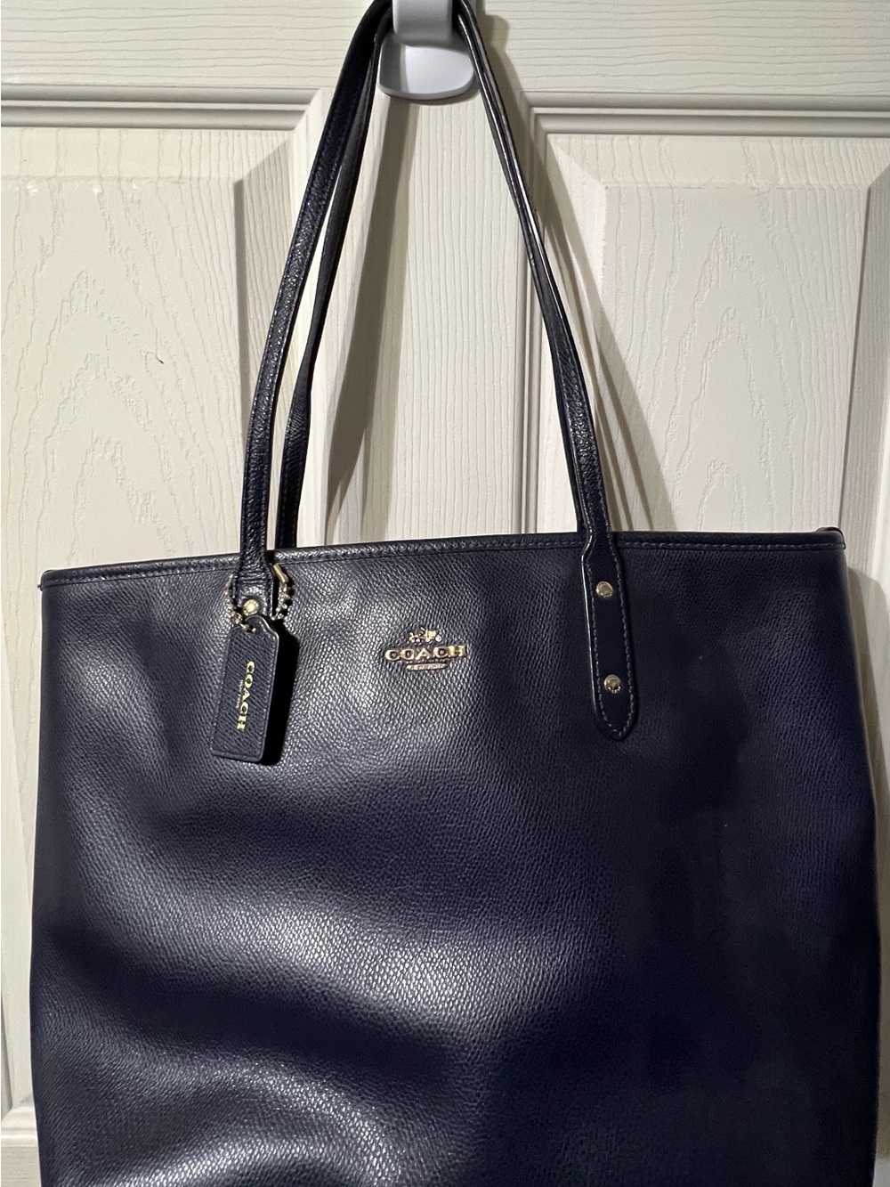 Coach Navy Leather Tote with Gold Logo Tag